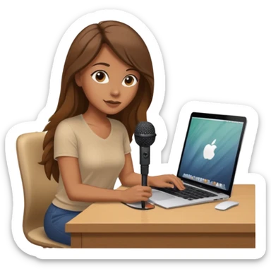 tanned brown long hair woman, sat at desk with MacBook, podcast microphone bleige top and vine color, sexy, glass table sticker