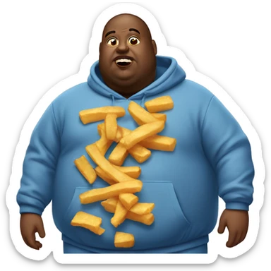 fat man in dirty blue sweatsuit with chili cheese fries in his mouth sticker