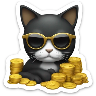 cat in brutal dark glasses with a bag of gold coins sticker