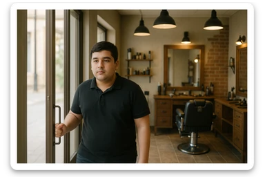 Shu odamni sartaroshxonaga kirib kelayapti  o'smirin davri rakurs ichkaridan sartaroshxona eski ham yangi ham emas bolani juda semiz qilib yuborma  u huddi sartaroshxonani  hammadan oldin kelib ochsin sticker