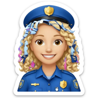 Female POLICE IN blue, long blonde curly hair, happy smile sticker