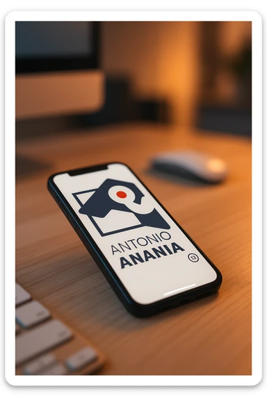 A photo of an iPhone on the desk with the logo of "Antonio Anania" on its screen, The phone sits atop a desk with a blurred with the logo in the background that suggests work environment. A faint glow from above casts gentle shadows across the surface of each object, creating depth and highlighting their textures sticker