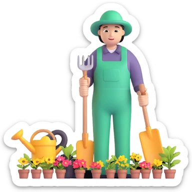 Asian gardener named Yong with gardening tools sticker
