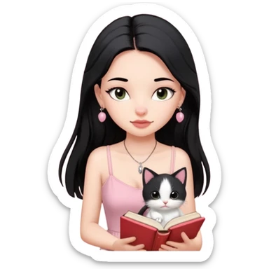 Menina branca ,cabelos cor preta longos, olhos cor preta puxados para cima. Cílios longos, lábios grossos ,nariz pequeno ,vestido rosa claro de alça. Colar e brinco bem pequeno. Lendo um livro com gatinho preto e branco. sticker