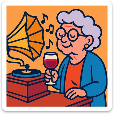 old lady with wineglass listening to gramophone sticker