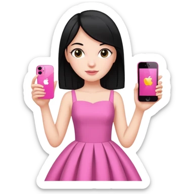 chica blanca con pelo negro liso sosteniendo con una sola mano un celula iphone 13 rosa, con vestimenta d salir de fiesta sticker