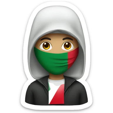 A man wearing a mask with the Palestinian flag on it sticker