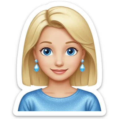 make this real, blond, hair below shoulder, blue eyes, 50s, sparkle in the eyes, fun, smile, no earrings, relaxed style, sweats or jeans sticker