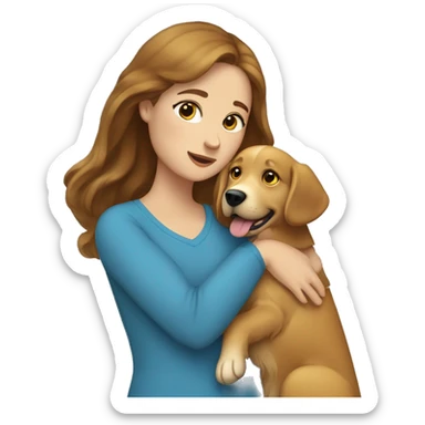 Woman with brown hair and blue eyes hugs golden retriever  sticker