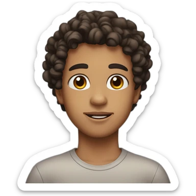 a boy with curly mid long hair, brown eyes, big lips, beautiful eyebrows with a black sweat sticker