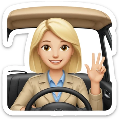 blonde woman driving car. one hand up Happy face confidence sticker