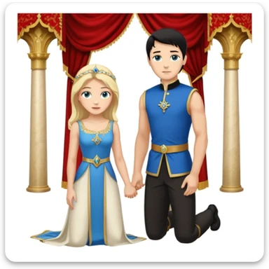Man as king, black Hair, blue eyes, woman, blonde, green eyes, shott white sleveless Dress, kneeling, background palace sticker