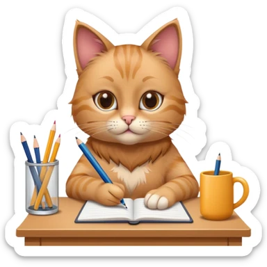 Cat with eyelashes doing homework sticker