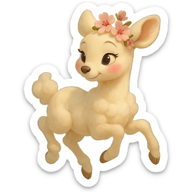feminine vanilla cloud doe, floating gracefully with rosy cheeks and cherry flowers on its head, Pixar-inspired art sticker