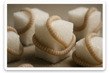 ZOLLETTE DI ZUCCHERO CON PARASSITI TIPO LA TENIA ARROTOLATE INTORNO AD OGNI ZOLLETTA, IPERREALISTICO 4K sticker