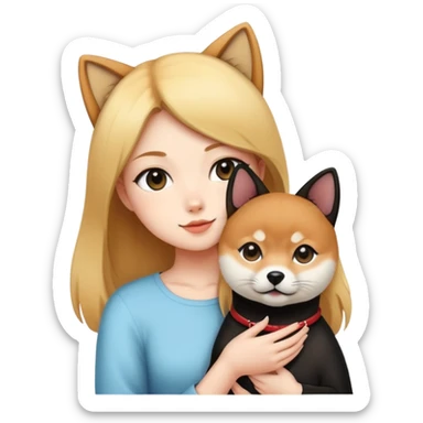 The girl is holding a black cat and a Shiba Inu sticker