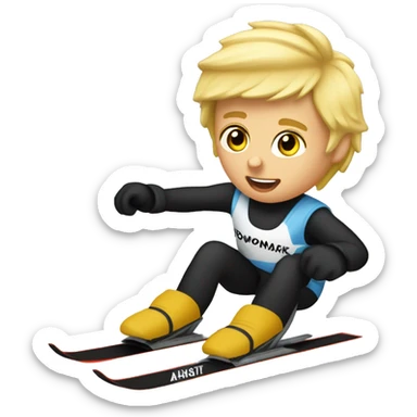 18 year old blonde boy slalom ski racing at 60 mph wearing a bib that says Rowmark. sticker