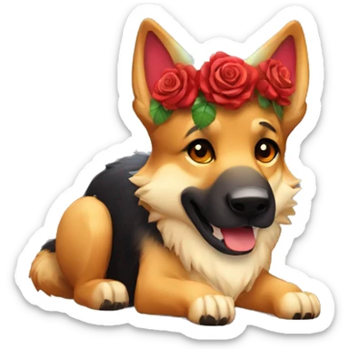 Brindled German shepherd fox carrying glowing red lantern, fairy lights, rose flower crown sticker