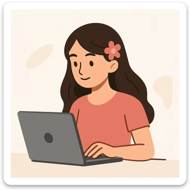 a girl with brunette hair and a pink flower clip in her hair working on a laptop, clean modern illustration style sticker