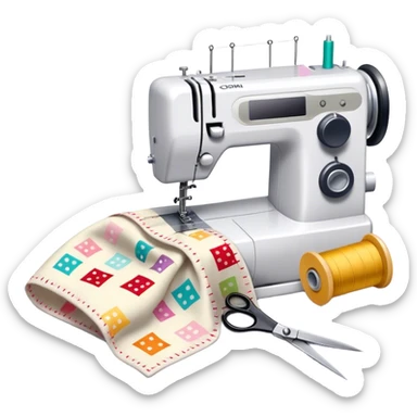 Sewing icon, measuring tape, pins, scissors, and a dress in progress, sewing machine with thread, visible needle, spools of thread, fabric pieces cut according to patterns, minimalistic style, clean lines, transparent background. sticker