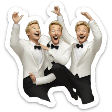 3 white men in tuxedo laughing hysterically with their heads back with their palms raised behind a miniature earth on the ground sticker