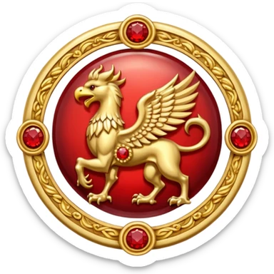 Golden griffin crest / brosch in a circle with red gems and no background sticker