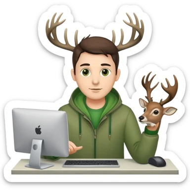 Guy works at computer with deers antlers, green clothes, brown eyes  sticker