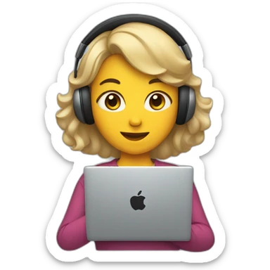 a woman with a laptop and apple headphones sticker