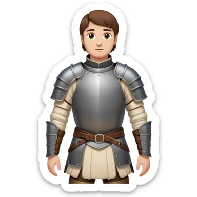 medieval battle armor worn by a DnD themed fantasy character. basic heavy plate cuirass over a padded gambeson with a high steel collar. armor only above the waist. The armor full waist. The character's haven't arms. character is brown hair brown eyes short straight hair white man. sticker