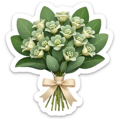 bouquet of eucalyptus and gypsophila flowers with beige ribbon sticker