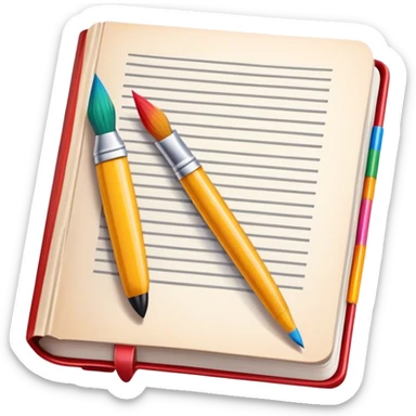 icon for Illustration hobbie, paintbrush and pencil under book's illustrated page, there's a colourful picture on the page, simple lines, minimalistic style, transparent background. sticker