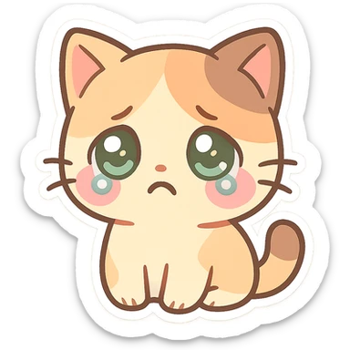 kawaii chibi-style cat emoji with pastel orange and brown cream fur, anime-style sad expression, sparkly green eyes, blushing cheeks, pastel color palette, soft rounded design, vector art sticker