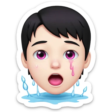 Boy with black hair, pink eyes rolled back, mouth open , water drop dripping from lips sticker