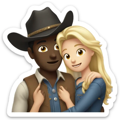 girl with blonde hair and a cowboy hat hugging a dark skinned guy with long black hair and a cowboy hat sticker