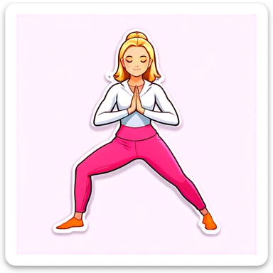 Woman with blonde hair with split in the middle and waist-length hair, honey-colored eyes, doing yoga with a pink suit sticker