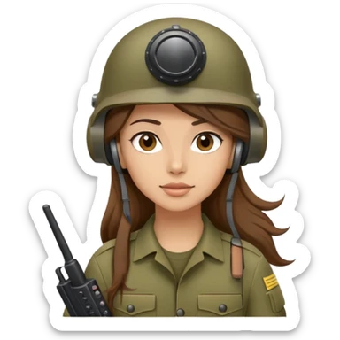 Soldier girl long brown hair army helmet with radio sticker