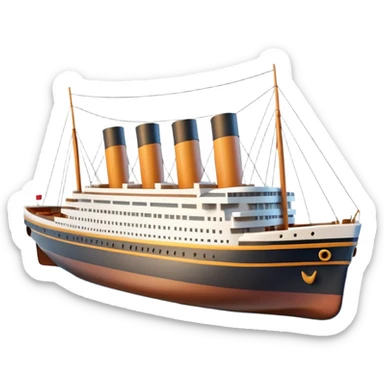 A 3D emoji of a Titanic ship in Apple style, glossy and smooth surface, bright clean colors with subtle shading, simple and minimal details, no face or expressions, floating on calm ocean, soft shadows, high-quality render, isolated on white background.


 sticker