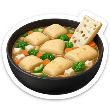 A black bowl filled with soft, uneven pieces of dough floating in a clear Korean broth, with sliced vegetables on top. Soft, flat dough pieces torn by hand into random shapes—some oval, some triangular, and some wavy—with rough, natural-looking edges. sticker