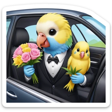 cute budgie in a car in a suit holding bouquet sticker