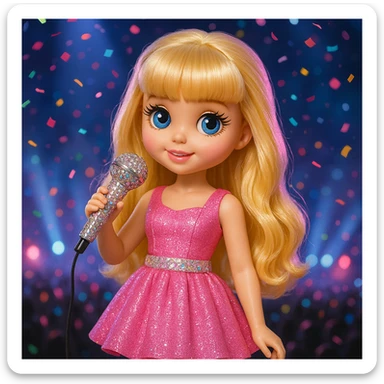 Pretty and girly Blonde pop star with bangs, holding a bedazzled microphone, reimagined as a doll, with a nighttime concert backdrop with colorful confetti sticker