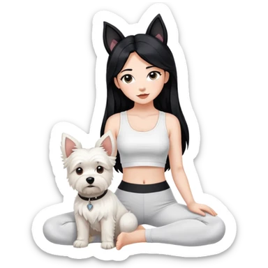 A girl with long black hair in a white crop top and black legging,she is holding a west highland terrier with big ears  sticker