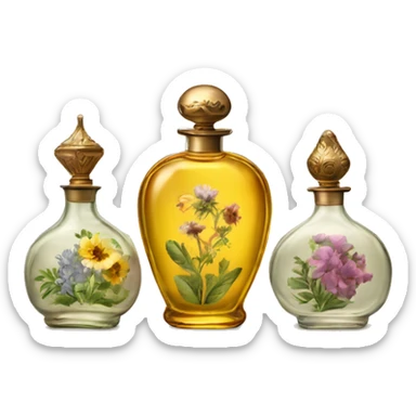 Three Antique oil perfume bottles with herbal and flowers sticker