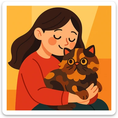 brunette girl cuddling a tortoiseshell Persian cat, cartoon style, gentle and sweet moment sticker