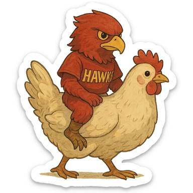 ghibli style red hawk mascot riding a chicken sticker