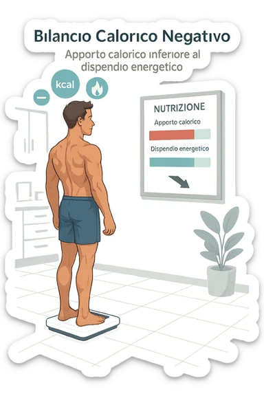 a man stands on a digital scale, looking at a nutrition chart that shows his daily calorie intake is lower than his energy expenditure. Floating icons above his head display a negative calorie balance, and his body appears slightly leaner, with visible muscle definition. The background is a modern clinic, emphasizing the concept of caloric deficit. scritto in italiano sticker