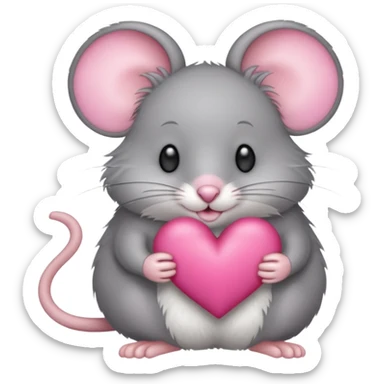 A gray mouse holds a pink heart in its paws sticker