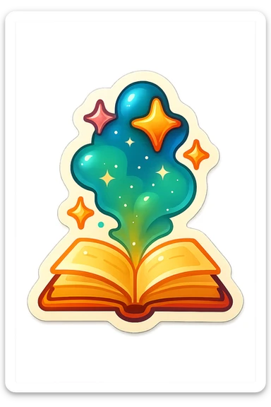 open book with cloud of magical dust and stars rising, no twigs or leaves, retro sticker style, shadows and highlights sticker