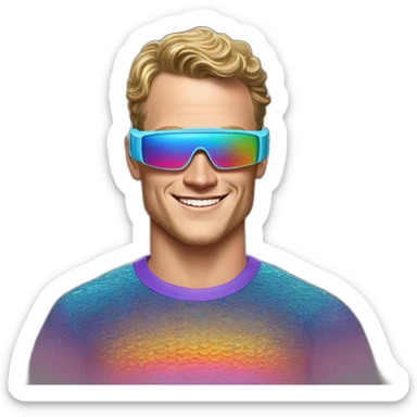 Fancy disco futuristic Jonathan Toews wearing rainbow lace shirt and wearing VR glasses and eating a moon pie sticker
