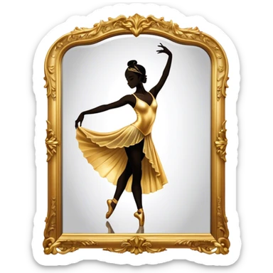 Cinematic Realistic Mirror, a large, ornate mirror reflecting a dancer’s poised silhouette, soft golden light creating depth, slight smudges on the glass adding realism, glowing with a timeless and artistic presence. sticker