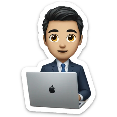 memoji of a young man with a laptop in front, apple-style, on laptop with a blue sticker with 4 letters: "WYZE", modern, dark hair, dark blue suit, computer in hand, chinese skin, sitting on this desk sticker